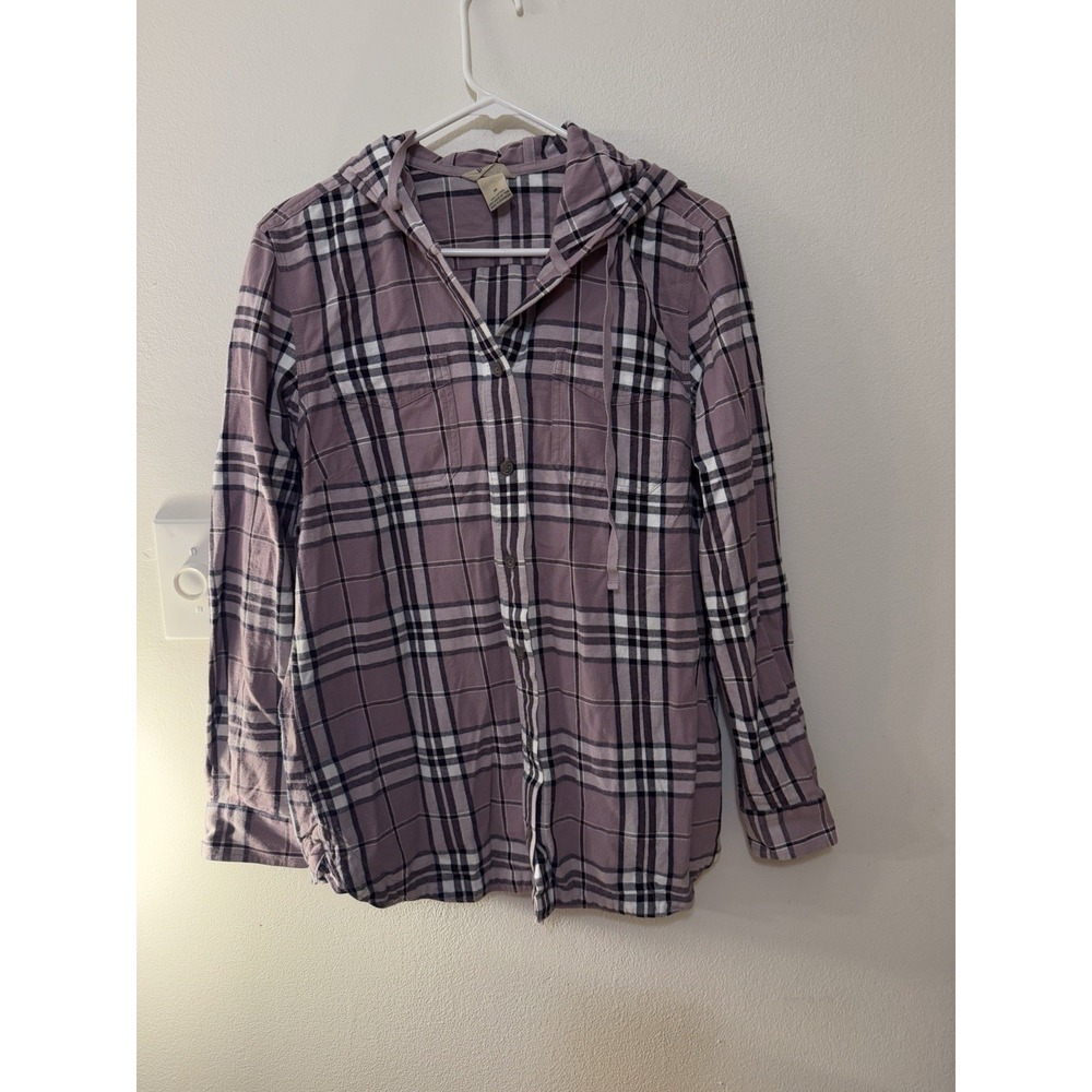 Duluth‎ Trading Purple Plaid Flannel With Hood Women's Size M Oversized